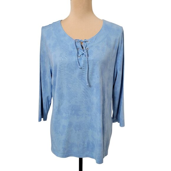 Chicos Size 2 (L / 12) Blue Tye Die Tunic Top, 3/4 Sleeve Lace Up Front Detail - Picture 1 of 11